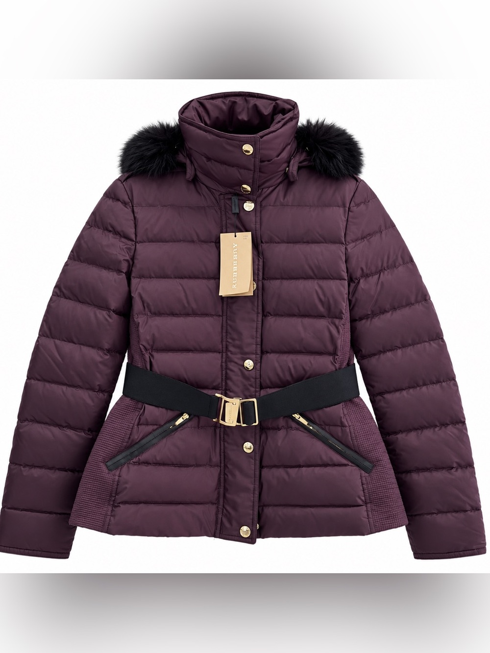 🚩steal Burberry Quilted Belted Puffer Jacket in Plum with Black Fur Trim